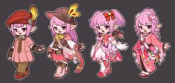 1girl bow brown_hat brown_necktie brown_pants brown_vest cape final_fantasy final_fantasy_xiv flaw_eight hair_bow hat japanese_clothes kimono lalafell long_sleeves looking_at_viewer multiple_views necktie open_mouth pants pink_cape pink_eyes pink_hair pink_kimono pink_skirt pointy_ears red_hat red_pants shirt sidelocks skirt smile tataru_taru twintails vest white_shirt