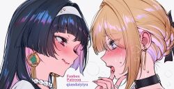 2girls artist_name astra_yao black_hair blonde_hair blush breath close-up earrings evelyn_chevalier hair_bun hairband jewelry long_hair mole mole_under_eye multiple_girls open_mouth paid_reward_available pink_eyes profile purple_eyes qiandaiyiyu saliva simple_background tongue tongue_out white_background white_hairband zenless_zone_zero