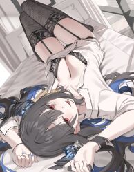 1girl absurdres arm_above_head arms_up bed bed_sheet black_bra black_panties blue_nails bra breasts center-flap_bangs cleavage collarbone collared_shirt colored_inner_hair commentary commission curtains demon_horns dutch_angle eyes_visible_through_hair fishnet_thighhighs fishnets garter_straps grey_hair hair_ornament hair_spread_out highres hololive hololive_english horns knees_up large_breasts long_hair long_sleeves looking_at_viewer lying mole mole_under_eye multicolored_hair nail_polish nerissa_ravencroft on_bed open_mouth panties pillow red_eyes scarlet_(wv0102) shirt solo thighhighs thighs underwear upside-down very_long_hair virtual_youtuber white_shirt window