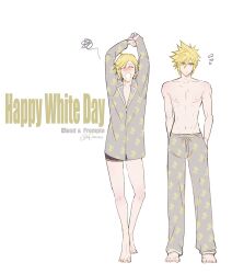 2boys aries20770321 barefoot blonde_hair blue_eyes character_print chocobo closed_mouth cloud_strife commentary english_commentary english_text final_fantasy final_fantasy_vii final_fantasy_xv hand_in_pocket highres in-franchise_crossover male_focus multiple_boys nipples open_mouth pajama_pants pajamas prompto_argentum short_hair shorts standing toned toned_male topless_male white_day yawning