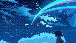 1boy absurdres blue_background blue_clouds blue_hair blue_theme cloud cloudy_sky dithering eastblueace flower glowing hair_flower hair_ornament hand_on_own_arm highres kimi_no_na_wa. male_focus night out_of_frame pixel_art scenery shooting_star short_hair sky solo sparkle star_(sky) starry_sky tachibana_taki upper_body