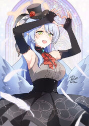 Rule 34 | 1girl, absurdres, armpits, arms up, bare shoulders, black gloves, black hat, black skirt, blue archive, blue hair, center frills, elbow gloves, feathered wings, fingerless gloves, frills, gloves, green eyes, grey shirt, hat, heart, heart hands, highres, long hair, looking at viewer, low wings, mine (blue archive), mine (idol) (blue archive), neck ribbon, official alternate costume, open mouth, peke (xoxo melon), pointy ears, ribbon, shirt, skirt, sleeveless, sleeveless shirt, smile, solo, top hat, underbust, very long hair, wings