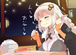 1girl ahoge black_jacket blue_eyes braid breast_rest breasts breasts_on_table chewing collared_dress commentary_request double-parted_bangs dress eating food fork frilled_dress frills fur-trimmed_jacket fur_trim hair_ornament happy holding holding_fork holding_knife jacket kizuna_akari knife lasagne long_hair long_sleeves pasta petenshi_(dr._vermilion) restaurant rice sleeves_past_wrists table translation_request voiceroid white_hair