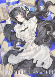 Rule 34 | 1girl, apron, black dress, black hair, blue eyes, blush, book, breasts, cleavage cutout, clothing cutout, dress, frills, hair spread out, highres, long hair, long sleeves, looking at viewer, lying, maid, maid apron, maid headdress, on back, on floor, open book, original, parted lips, purple eyes, sample watermark, solo, watermark, white apron, xiaoyangchicha