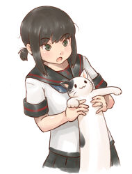 1girl :o anchor_print animal batsubyou black_hair black_sailor_collar black_skirt blue_neckerchief blush breasts cat commentary_request cropped_legs fubuki_(kancolle) fubuki_kai_ni_(kancolle) green_eyes highres holding holding_animal holding_cat jewelry kantai_collection karasu_(naoshow357) longcat_(meme) low_ponytail medium_breasts meme neckerchief open_mouth pleated_skirt ponytail ring sailor_collar shirt short_sleeves sidelocks simple_background skirt solo wedding_ring white_background white_shirt