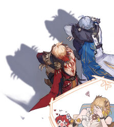 Rule 34 | &gt; &lt;, 2boys, 2girls, aglaea (honkai: star rail), anger vein, antenna hair, arm tattoo, armor, armored boots, back tattoo, black coat, black pants, black shirt, blonde hair, boots, cape, cat shadow puppet, clawed gauntlets, coat, crossed arms, facepalm, flower, gold necklace, gradient hair, hair flower, hair ornament, highres, honkai: star rail, honkai (series), jewelry, laurel crown, multicolored hair, multiple boys, multiple girls, mydei (honkai: star rail), necklace, open clothes, open coat, pants, pauldrons, phainon (honkai: star rail), qel, red cape, red hair, red tattoo, shadow puppet, shirt, short hair, shoulder armor, side cape, simple background, single pauldron, squatting, squiggle, tattoo, tribbie (honkai: star rail), white background, white coat, white hair