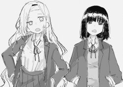 2girls :d absurdres blazer collared_shirt facial_scar greyscale hairband hands_in_pockets hands_on_own_hips highres jacket kirarazaka_marina kuze_shizuka long_hair loose_neck_ribbon monochrome multiple_girls neck_ribbon open_clothes open_jacket open_mouth ribbon scar scar_on_cheek scar_on_face school_uniform shirt short_hair sketch smile sweater takopii_no_genzai very_long_hair what_a