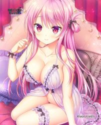 1girl absurdres ambitious_mission arise_kaguya babydoll bare_shoulders black_bow blush bow bow_babydoll breasts cleavage closed_mouth collarbone company_name copyright_name covered_erect_nipples curvy eyes_visible_through_hair frilled_babydoll frilled_pillow frilled_thigh_strap frilled_wrist_cuffs frills full_body groin hair_between_eyes hair_bow hand_up heart heart-shaped_pillow highres indoors large_breasts lingerie long_hair looking_at_viewer moribe_(rabumanyo) navel no_panties official_art on_bed one_side_up pillow pink_hair pulling_own_clothes raised_eyebrows red_eyes ribbon-trimmed_underwear ribbon_trim see-through_babydoll see-through_clothes sitting smile solo star_(symbol) straight_hair string_pull thigh_strap thighs underwear very_long_hair white_babydoll wrist_cuffs yokozuwari