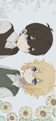 Rule 34 | 2boys, antenna hair, bags under eyes, basil (faraway) (omori), basil (omori), black eyes, black hair, black sweater vest, blonde hair, blue eyes, closed mouth, collared shirt, dot nose, double-parted bangs, flipped hair, flower, green sweater vest, grey background, hair behind ear, hair between eyes, highres, light frown, looking at another, looking up, male focus, multiple boys, my loleeta, omori, portrait, raised inner eyebrows, shirt, short hair, side-by-side, sidelocks, sideways, simple background, sunflower, sunny (omori), sweater vest, tulip, very short hair, white flower, white shirt, white tulip