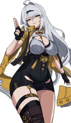Rule 34 | absurdres, ahoge, asymmetrical gloves, black gloves, black thighhighs, breasts, casting spell, cleavage, elbow gloves, fingerless gloves, gloves, hair ornament, high-waist shorts, highres, jacket, large breasts, long hair, lucariiio, mole, mole on breast, shorts, simple background, single elbow glove, single hair intake, single thighhigh, smile, thighhighs, uneven gloves, white hair, yellow eyes, yellow jacket, yin yang pin, yixuan (zenless zone zero), zenless zone zero