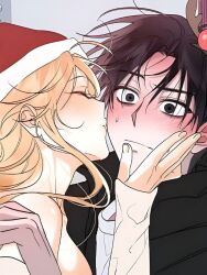 Rule 34 | 1boy, 1girl, a man with a ghost, blush, breasts, female focus, happy, hug, kim ki-tae, kiss, kissing cheek, lee serin, looking to the side, male focus, white background