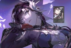 1girl art_program_in_frame black_hair closed_mouth deciqm earrings expressionless gloves grey_eyes hair_ornament half_gloves head_tilt headpiece honkai:_star_rail honkai_(series) hysilens_(honkai:_star_rail) jewelry long_sleeves purple_background red_gloves see-through_clothes see-through_sleeves sketch solo upper_body x_hair_ornament