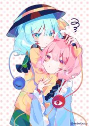 Rule 34 | 2girls, bad id, bad twitter id, black hairband, black headwear, blouse, blue shirt, blush, bright pupils, buttons, chin rest, closed mouth, commentary, frilled shirt collar, frilled sleeves, frills, green eyes, green hair, green skirt, hair between eyes, hair ornament, hairband, hand on another&#039;s head, hat, hat ribbon, head on head, head rest, heads together, heart, heart button, heart hair ornament, highres, hug, komeiji koishi, komeiji satori, long sleeves, looking at viewer, medium hair, multiple girls, pink hair, polka dot, polka dot background, red eyes, ribbon, ribbon trim, shirt, siblings, simple background, sisters, skirt, squiggle, third eye, touhou, twitter username, umemaro (siona0908), white pupils, wide sleeves, yellow ribbon, yellow shirt