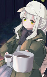 1girl baseball_cap black_halo black_scarf blue_archive blunt_bangs blush coat commentary_request cowboy_shot cup drink forest ganba_artworks green_coat green_eyes green_halo grey_skirt halo hare_(blue_archive) hare_(camp)_(blue_archive) hat highres holding holding_cup long_hair long_sidelocks nature night open_clothes open_coat outdoors outstretched_arm ponytail reaching reaching_towards_viewer scarf shirt sidelocks sitting skirt smile solo tree white_hat white_shirt