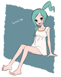 Rule 34 | 10s, 1girl, barefoot, dress, feet, female focus, green eyes, green hair, lisia (pokemon), matching hair/eyes, nintendo, pokemon, pokemon oras, smile, solo, ucchii