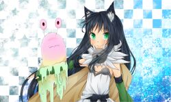 Rule 34 | 1girl, alchemist (ragnarok online), animal ear fluff, animal ears, black bow, black hair, blue background, blush, bow, brown cape, cape, cat ears, cat girl, checkered background, closed mouth, commentary request, detached sleeves, dress, flat chest, fur collar, green eyes, green sleeves, long hair, looking at viewer, meiko (nattu303), ragnarok online, slime (creature), smile, solo, strapless, strapless dress, upper body, vanilmirth (ragnarok online), white dress