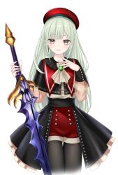 1girl absurdres ascot bang_dream! bang_dream!_it&#039;s_mygo!!!!! beret black_capelet black_pantyhose black_skirt capelet chicami commentary earrings green_brooch green_hair hat highres jewelry long_hair long_sleeves looking_at_viewer mortis_(bang_dream!) mortis_(costume)_(bang_dream!) pantyhose pantyhose_under_shorts parted_lips red_hat red_shorts see-through_clothes see-through_sleeves shorts showgirl_skirt simple_background skirt solo sword symbol-only_commentary wakaba_mutsumi weapon white_ascot white_background yellow_eyes