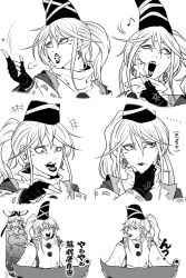 Rule 34 | ..., 2girls, alternate costume, detached sleeves, earrings, gloves, greyscale, hand on own chin, hat, highres, index finger raised, jewelry, lips, lipstick, magatama, magatama earrings, makeup, monochrome, mononobe no futo, multiple girls, multiple views, musical note, open mouth, partially fingerless gloves, pentagram, pom pom (clothes), portrait, ribbon-trimmed sleeves, ribbon trim, ryuuichi (f dragon), scroll, shirt, short eyebrows, soga no tojiko, spoken musical note, tate eboshi, thinking, touhou, turtleneck, turtleneck shirt