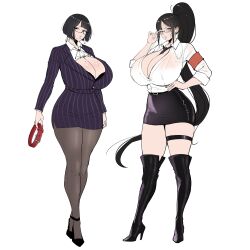 2girls absurdres adjusting_eyewear armband between_breasts black_bra black_hair black_necktie black_skirt boots bra bra_peek breasts cleavage collar collared_shirt commentary crossed_ankles curvy earrings english_commentary formal_clothes full_body glasses grace_(puzenketsu) hand_on_own_hip high_heels high_ponytail highres holding holding_collar huge_breasts jewelry long_hair looking_at_viewer mature_female mole mole_on_breast mole_under_mouth multiple_girls necktie necktie_between_breasts original pantyhose parted_lips pencil_skirt pinstripe_pattern pinstripe_skirt pinstripe_suit ponytail puzenketsu red_armband red_collar semi-rimless_eyewear shirt shirt_tucked_in short_hair simple_background skirt sleeves_rolled_up standing striped_suit suit sweatdrop tai_(puzenketsu) teacher thick_thighs thigh_boots thigh_strap thighs underwear uneven_bangs very_long_hair white_background white_shirt