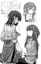 Rule 34 | 2girls, apron, blush, braid, chinese commentary, closed mouth, collared shirt, commentary request, commission, half up braid, highres, holding hands, interlocked fingers, lanserongjie, long hair, long sleeves, looking at another, medium hair, miyagi shiori, multiple girls, second-party source, sendai hazuki, shirt, shuuniichido classmate wo kau hanashi, sitting, sleeves rolled up, smile, sweatdrop, translation request, waist apron, waitress, yuri