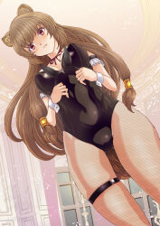 Rule 34 | 1girl, animal ear fluff, animal ear hairband, animal ears, arm strap, black arm strap, black leotard, breasts, breasts apart, brown hair, commentary request, cowboy shot, dutch angle, fake animal ears, fishnet pantyhose, fishnets, frilled arm strap, frown, hair tubes, hairband, highres, holding hairband, indoors, leotard, long hair, looking at viewer, metal hair tubes, neck ribbon, pantyhose, raccoon ears, raccoon girl, raccoon tail, raphtalia, red eyes, red ribbon, ribbon, rurukichi, solo, strapless, strapless leotard, tail, tate no yuusha no nariagari, thigh strap, thighs, variant set, white wrist cuffs, wrist cuffs
