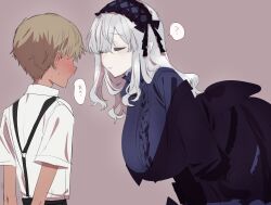 Rule 34 | 1boy, 1girl, ?, age difference, arms behind back, bent over, black dress, black headdress, blue shirt, blush, breasts, brown hair, center frills, closed eyes, closed mouth, colored skin, commentary request, dark-skinned male, dark skin, dress, ear blush, eurasia (wtp09ptw14), eyelashes, face-to-face, frilled headwear, frills, grey hair, hairband, highres, huge breasts, lolita fashion, lolita hairband, long hair, multi-source commentary, nervous sweating, onee-shota, open mouth, original, shirt, short hair, simple background, smile, speech bubble, spoken question mark, suspenders, sweat, upper body, white shirt, white skin, y-back suspenders