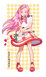 00s 1girl anemone_(eureka_seven) bare_arms bf._(sogogiching) character_name closed_mouth eureka_seven eureka_seven_(series) female_focus flower frown gulliver_(eureka_seven) holding holding_flower jam long_hair pigeon-toed pink_hair purple_eyes red_shoes shoes solo standing very_long_hair
