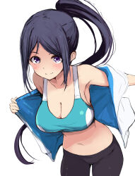 1girl black_hair black_pants blush breasts cleavage coin commentary_request cropped gengoroh highres jacket large_breasts leaning_forward long_hair looking_at_viewer love_live! love_live!_sunshine!! matsuura_kanan navel pants parted_bangs ponytail purple_eyes sidelocks simple_background smile sports_bra standing white_background white_jacket