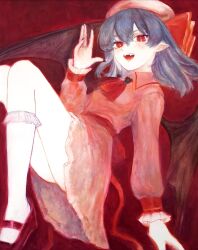 1girl ascot back_bow bat_wings blue_hair bow brooch fangs fingernails frilled_sleeves frilled_socks frills hat highres jewelry looking_at_viewer medium_hair mob_cap oil_painting_(medium) painting_(medium) pink_hat red_ascot red_bow red_eyes red_ribbon red_shoes remilia_scarlet ribbon sharp_fingernails sharp_teeth shoes socks solo svveetberry teeth touhou traditional_media white_socks wings wrist_cuffs