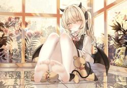 1girl black_horns black_tail black_wings blonde_hair blue_archive blush closed_mouth crossed_bangs demon_girl demon_horns demon_tail demon_wings dress flower hair_between_eyes halo horns ibuki_(blue_archive) indoors knees_up long_hair long_sleeves looking_at_viewer low_wings no_shoes pantyhose ribbon sitting solo stuffed_animal stuffed_toy tail teddy_bear thighhighs white_thighhighs window wings yellow_halo zserty555