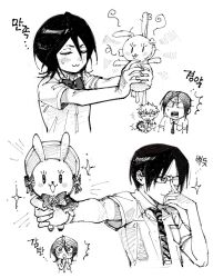 +++ 1girl 2boys :3 ^^^ adjusting_eyewear black_hair bleach bow bowtie chibi chibi_inset closed_eyes closed_mouth collared_shirt cropped_torso double-parted_bangs glasses greyscale hair_between_eyes holding holding_stuffed_toy index_finger_raised ishida_uryuu karakura_high_school_uniform kon_(bleach) korean_text kuchiki_rukia kurosaki_ichigo looking_at_another medium_hair monochrome multiple_boys necktie open_mouth parted_bangs school_uniform shirt short_hair short_sleeves simple_background sketch smile smug sparkle spiked_hair stuffed_animal stuffed_rabbit stuffed_toy translation_request upper_body v-shaped_eyebrows white_background yongsa_(y0ngs4)