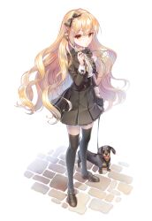 1girl black_bow black_jacket black_shoes black_skirt black_thighhighs blonde_hair bow closed_mouth commentary_request cropped_jacket curly_hair dog frown full_body glasses grey-framed_eyewear hair_bow high-waist_skirt highres holding holding_removed_eyewear jacket karen_(navy_42) korean_commentary long_hair orange_eyes original rottweiler shirt shoes simple_background skirt solo standing thighhighs unworn_eyewear white_background white_shirt white_sleeve_cuffs