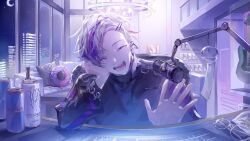 Rule 34 | 1boy, :d, ^ ^, black jacket, black shirt, bottle, building, can, chair, chandelier, closed eyes, computer keyboard, couch, crescent moon, cushion, desk microphone, drink can, ear piercing, earrings, energy drink, facing viewer, fuwa minato, fuwa minato (4th costume), fuwacchi cruller, guitar, hair behind ear, hair ornament, hairclip, head on hand, head rest, highres, indoors, instrument, jacket, jewelry, long sleeves, male focus, microphone, monster energy, moon, multicolored hair, night, nijisanji, open clothes, open jacket, open mouth, piercing, pink hair, pppupa, purple hair, purple theme, red bull, shirt, short hair, sitting, sky, skyscraper, smile, solo, star (sky), starry sky, streaked hair, swept bangs, triangle earrings, turtleneck, turtleneck shirt, unworn eyewear, upper body, virtual youtuber, waving, white hair, wind chime, window, wine bottle, wine rack