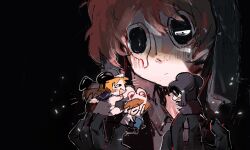 5boys black_background black_eyes brown_hair chinese_commentary cocobolo64588 commentary_request finger_puppet hands_up highres kinder_surprised_michael_jr. male_focus multiple_boys present_day_problem_takeuchi_robert puppet randal&#039;s_friends ratman_3_(randal&#039;s_friends) ratman_4_(randal&#039;s_friends) ratman_5_(randal&#039;s_friends) short_hair simple_background upper_body