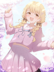 Rule 34 | 1girl, aqua ribbon, artist name, black bow, blonde hair, blush, bow, braided twintails, bright background, commentary request, cowboy shot, dappled sunlight, day, falling petals, fang, fujita kotone, gakuen idolmaster, hair bow, hair ornament, hairclip, hands up, happy, heart, heart in eye, highres, idolmaster, index finger raised, k0me, long hair, long sleeves, midriff peek, neck ribbon, open mouth, orange eyes, outdoors, pearl hair ornament, petals, pink serafuku, pink shirt, pink skirt, pleated skirt, ribbon, sailor collar, school uniform, serafuku, shirt, signature, skin fang, skirt, sleeves past wrists, smile, solo, standing, sunlight, symbol in eye, white sailor collar