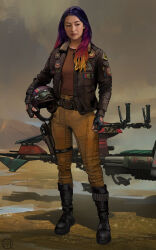 1girl absurdres black_boots black_gloves blonde_hair boots brian_matyas brown_jacket brown_pants brown_shirt fingerless_gloves full_body gloves helmet highres holding holding_unworn_helmet jacket long_hair multicolored_hair open_clothes open_jacket pants purple_hair realistic sabine_wren shirt solo speeder_bike standing star_wars star_wars:_ahsoka unworn_headwear unworn_helmet