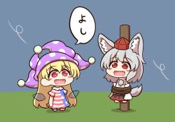 2girls american_flag american_flag_dress american_flag_legwear american_flag_print american_flag_shirt animal_ears blonde_hair blush blush_stickers bound chibi clownpiece commentary detached_sleeves dress fairy_wings flag_print grey_hair hat highres inubashiri_momiji jester_cap long_hair multiple_girls neck_ruff open_mouth outdoors pantyhose polka_dot polka_dot_headwear pom_pom_(clothes) print_shirt purple_hat red_eyes shirt shitacemayo short_hair short_sleeves smile speech_bubble star_(symbol) star_print striped_clothes striped_dress striped_pantyhose tail tied_up_(nonsexual) tokin_hat touhou translated transparent_wings very_long_hair white_hair wings wolf_ears wolf_girl wolf_tail
