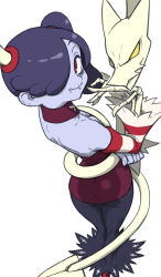 1girl absurdres ass bare_shoulders blue_hair blue_skin colored_skin detached_collar detached_sleeves dress from_above from_behind hair_over_one_eye highres leviathan_(skullgirls) long_skirt looking_at_viewer looking_back object_through_head purple_hair purple_skin red_eyes side_ponytail skeletal_arm skeletal_hand skirt skullgirls smile squigly_(skullgirls) stitched_mouth stitches striped_sleeves toshinoshin white_background wide_hips zombie