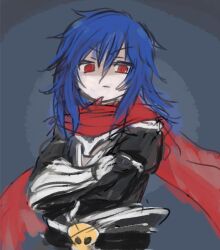 1boy armor assassin_cross_(ragnarok_online) black_shirt blue_hair closed_mouth commentary_request doroidsan eremes_guile frown grey_background hair_between_eyes long_bangs long_hair looking_at_viewer male_focus pauldrons ragnarok_online red_eyes red_scarf scarf shaded_face shirt shoulder_armor sketch solo unfinished upper_body v-shaped_eyebrows vambraces