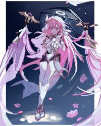 1girl bell black_shorts boots border commentary_request corset diamond-shaped_pupils diamond_(shape) elysia_(herrscher_of_human:_ego)_(honkai_impact) elysia_(honkai_impact) gloves halo highres holding holding_umbrella honkai_(series) honkai_impact_3rd ko_(assd_009) korean_commentary long_hair pink_hair purple_eyes short_shorts shorts solo symbol-shaped_pupils umbrella very_long_hair white_boots white_border white_corset white_gloves