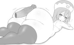 1boy 1girl absurdres ass bikini bikini_top_only blush breasts buttjob flat_chest hat highres huge_ass kyojiri_loli large_penis long_hair looking_at_viewer looking_back lying monochrome motion_lines neptune_(series) on_stomach penis ram_(neptunia) sketch small_breasts smile swimsuit thanuki thick_thighs thighhighs thighs uncensored white_background