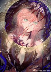 Rule 34 | 1girl, absurdres, ambiguous red liquid, aqua eyes, bare shoulders, black veil, blue veil, dress, ghost, highres, long hair, looking at viewer, momonika, multiple views, nautika (reverse:1999), pink hair, reverse:1999, solo, strapless, strapless dress, two-tone veil, upper body, veil, watermark, weibo watermark