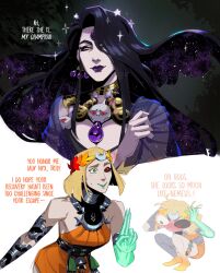 2girls absurdres ancient_greek_clothes bare_shoulders black_hair black_lips black_sclera blush breasts colored_sclera commentary dress english_commentary english_text forehead_jewel grace_kim_(ryuuna) greco-roman_clothes green_arm green_lips hades_(series) hades_1 hades_2 hair_over_one_eye half-closed_eyes highres jewelry laurel_crown long_hair mature_female melinoe_(hades) mismatched_sclera multiple_girls nyx_(hades) orange_dress pale_skin purple_lips see-through_body short_hair skeletal_arm smile sweatdrop yellow_eyes
