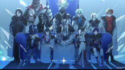4girls 6+boys arlecchino_(genshin_impact) armor artist_name beard belt black_hair black_mask blonde_hair blunt_ends cape capitano_(genshin_impact) closed_eyes closed_mouth coat columbina_(genshin_impact) couch dottore_(genshin_impact) dress eye_mask eyeliner eyewear_strap facial_hair fatui_logo fur-trimmed_coat fur_trim genshin_impact glasses hair_between_eyes hair_ornament hakama hakama_shorts half_mask hat headdress helmet highres japanese_armor japanese_clothes jingasa kote kukatsuma kurokote long_hair long_nose low_ponytail makeup mandarin_collar mask mask_over_one_eye masked multicolored_hair multiple_boys multiple_girls mustache pantalone_(genshin_impact) pierro_(genshin_impact) pointy_nose ponytail pulcinella_(genshin_impact) purple_belt purple_hair red_cape red_eyeliner red_pupils sandrone_(genshin_impact) scaramouche_(genshin_impact) shirt short_hair short_hair_with_long_locks short_sleeves shorts signora_(genshin_impact) smile strapless strapless_dress streaked_hair symbol-shaped_pupils tartaglia_(genshin_impact) two-tone_hair two-tone_vest white_coat white_hair white_mask wing_hair_ornament x-shaped_pupils