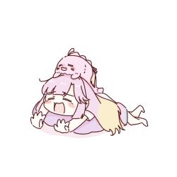 1girl :3 :d =_= ahoge amano_tatsu animal animal_on_head animalization anyoji_hime anyoji_hime_(summer_loungewear) barefoot black_ribbon blonde_hair blush closed_eyes commentary_request deformed gradient_hair hair_ribbon highres link!_like!_love_live! long_hair love_live! lying multi-tied_hair multicolored_hair official_alternate_costume on_head on_stomach open_hands open_mouth outstretched_arms person_and_animalization pink_hair pink_shorts ponytail ribbon seal_(animal) shirt short_sleeves shorts smile t-shirt virtual_youtuber white_shirt