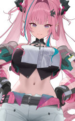 +_+ 1girl absurdres arknights arknights:_endfield bare_shoulders belt black_gloves blue_eyes blue_hair blunt_bangs breasts collarbone commentary cowboy_shot crop_top detached_sleeves dragon_horns from_below gloves hair_intakes hair_ornament hairclip hands_on_own_hips highres horns hurappo impossible_clothes large_breasts long_hair long_sleeves looking_at_viewer looking_down midriff multicolored_hair navel pants pink_hair pointy_ears see-through_clothes see-through_sleeves simple_background solo streaked_hair thick_eyebrows twintails two-tone_hair very_long_hair white_background white_pants yvonne_(arknights)