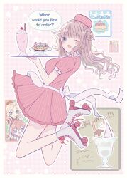 Rule 34 | 3girls, absurdres, alternate costume, blonde hair, blush, brown hair, closed mouth, cupcake, dress, english text, food, fork, grey eyes, hair between eyes, hat, highres, holding, holding tray, hornet (kancolle), kantai collection, knife, light brown hair, long hair, multiple girls, nazu (nazuunne), one eye closed, open mouth, parfait, ranger (kancolle), red dress, red headwear, roller skates, saratoga (kancolle), short sleeves, skates, smile, spoon, striped clothes, striped dress, striped headwear, tray, vertical-striped clothes, vertical-striped dress, waitress, white footwear