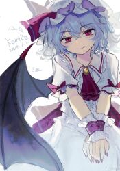 Rule 34 | ascot, black wings, blush, center frills, character name, chinese commentary, closed mouth, commentary, dated, english commentary, fingernails, frilled shirt collar, frills, grey hair, hair between eyes, hat, highres, looking at viewer, mixed-language commentary, mob cap, own hands together, penniky0119, pink eyes, pink nails, red ascot, remilia scarlet, sharp fingernails, shirt, short hair, short sleeves, skirt, smile, touhou, watermark, white background, white hat, white shirt, white skirt, wings, wrist cuffs