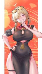 1girl ahoge bare_shoulders black_dress black_gloves blush breasts brown_hair china_dress chinese_clothes cleavage dress eyewear_on_head fingerless_gloves gloves hair_ornament hair_over_one_eye highres large_breasts looking_at_viewer low_twintails orange-tinted_eyewear pelvic_curtain penguintake purple_eyes red_dress short_hair short_twintails side_slit single_fingerless_glove smile solo sunglasses sweety_(zenless_zone_zero) thighs tinted_eyewear twintails two-tone_dress zenless_zone_zero
