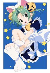 1girl :o ahoge animal_hat apron back_bow bell blue_background blue_dress blue_ribbon border bow cat_girl cat_hat cat_tail commentary_request dejiko di_gi_charat dress fang full_body green_eyes green_hair hair_bell hair_ornament hair_ribbon hat highres invisible_chair jingle_bell looking_at_viewer mittens neck_bell nekokawa_isugi open_mouth parted_bangs paw_shoes puffy_short_sleeves puffy_sleeves putting_on_footwear ribbon shoes short_hair short_sleeves sitting skin_fang solo star_(symbol) sweatdrop tail two_side_up white_apron white_border white_bow white_hat white_mittens white_shoes